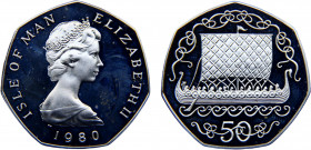 Isle of Man British crown dependency Elizabeth II 50 Pence 1980 PM (Mintage 10000) Viking Longship-Silver version Silver 15.93g KM# 70a