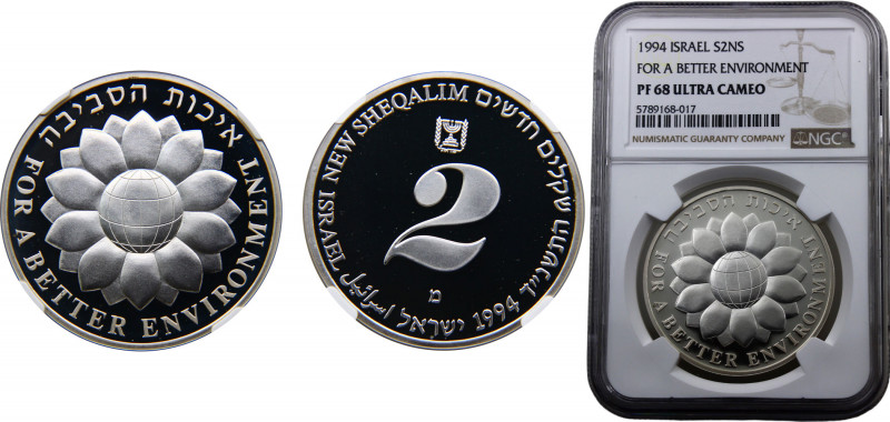 Israel 2 New Sheqalim 1994 (Mintage 4274) NGC PF68 For a Better Environment Silv...