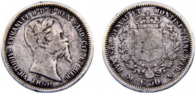 Italy States Kingdom of Sardinia Vittorio Emmanuel II 50 Centesimi 1860 M Milan mint Silver 2.35g KM#141