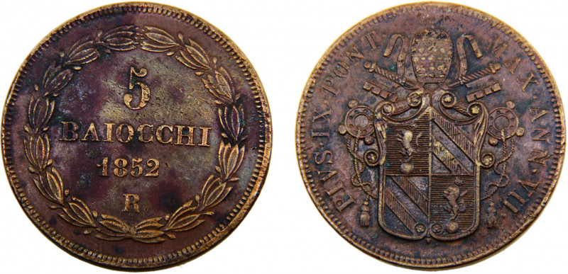 Italy States Papal States Pius IX 5 Baiocchi 1852//VII R Copper 39.92g KM# 1356...