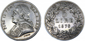 Italy States Papal States Pius IX 5 Lire 1870//XXIV R (Mintage 99000) Silver 24.88g KM# 1385