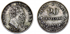 Italy Kingdom Vittorio Emmanuel II 20 Centesimi 1863 M BN Milan mint Silver 1g KM# 13.1