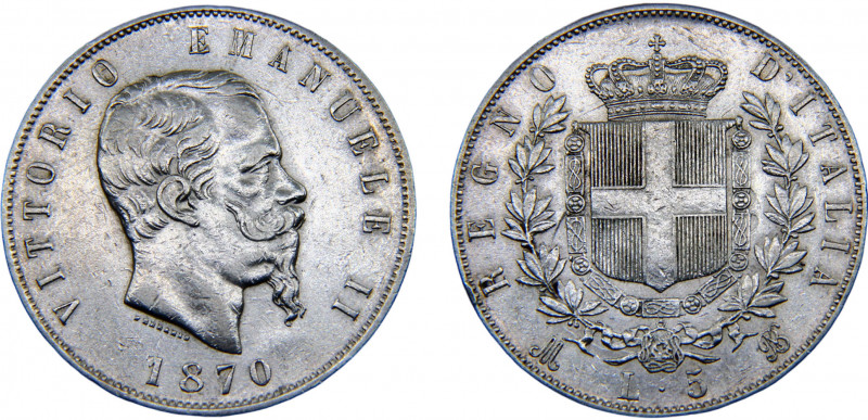 Italy Kingdom Vittorio Emmanuel II 5 Lire 1870 M BN Milan mint Silver 25g KM#8.3