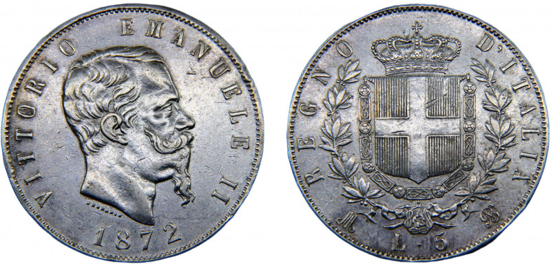 Italy Kingdom Vittorio Emmanuel II 5 Lire 1872 M BN Milan mint Silver 24.91g KM#...