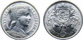 Latvia Republic 5 Lati 1931 Royal mint Silver 24.97g KM# 9