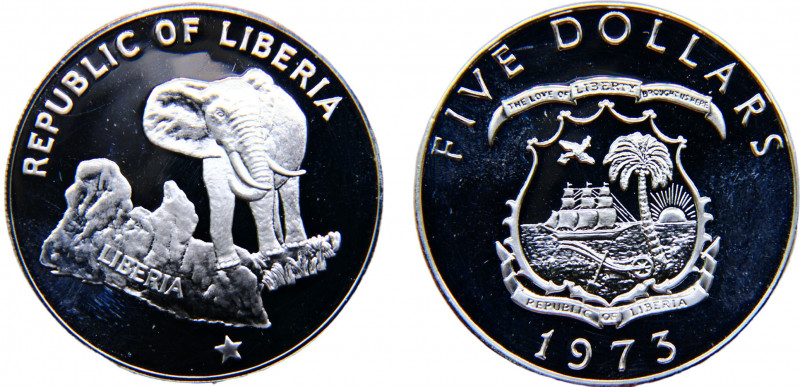 Liberia Republic 5 Dollars 1973 San Francisco mint(Mintage 28000) Silver 34.11g ...