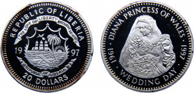 Liberia Republic 20 Dollars 1997 Princess Diana, Wedding Day Silver 31.32g KM# 518