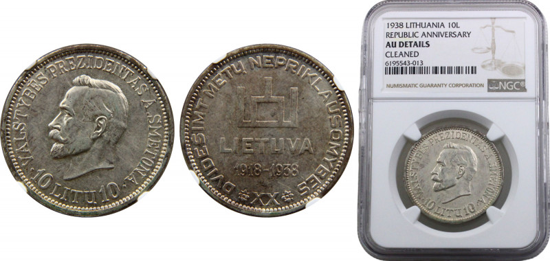 Lithuania Arab Republic 10 Litu 1938 NGC AU 20th anniversary of Republic Silver ...