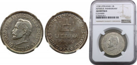 Lithuania Arab Republic 10 Litu 1938 NGC AU 20th anniversary of Republic Silver 18g KM# 84