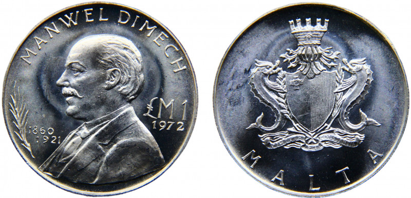 Malta Republic 1 Lira 1972 (Mintage 55000) Manwel Dimech Silver 10.03g KM# 13