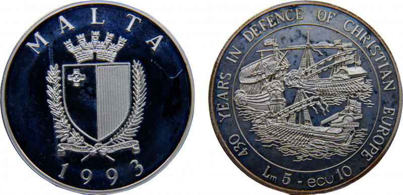 Malta Republic 5 Liri / 10 Ecu 1993 (Mintage 35000) 430th Anniversary of the Def...