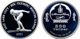 Mongolia Republic 500 Tögrög 2001 (Mintage 15000) 2002 Olympic Winter Games, Salt Lake City Silver 25.05g KM# 191