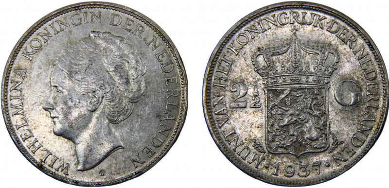 Netherlands Kingdom Wilhelmina 2 1/2 Gulden 1937 Utrecht mint Silver 25g KM# 165...