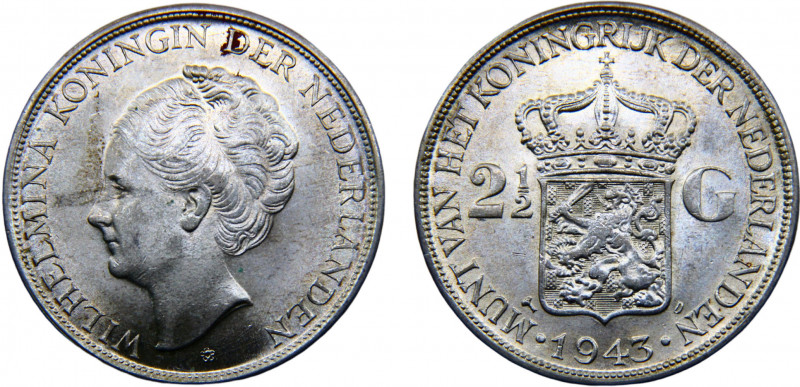 Netherlands East Indies Dutch colony Wilhelmina 2 1/2 Gulden 1943 D Denver mint ...