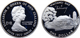 New Zealand State Elizabeth II 1 Dollar 1977 Royal mint(Mintage 15000) Queen's Silver Jubilee & Waitangi Day Silver 27.45g KM# 46a