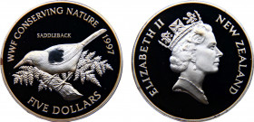 New Zealand State Elizabeth II 5 Dollars 1997 Royal mint(Mintage 1854) Saddleback Bird Silver 28.52g KM# 103a
