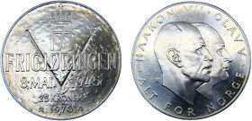 Norway Kingdom Olav V 25 Kroner 1970 Kongsberg mint 25th Anniversary of Norway's Liberation Silver 29.52g KM# 414