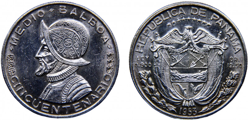 Panama Republic 1/2 Balboa 1953 50th Anniversary of the Republic of Panamá Silve...