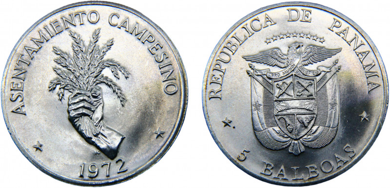 Panama Republic 5 Balboas 1972 San Francisco mint(Mintage 70000) FAO, Peasant Se...