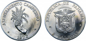 Panama Republic 5 Balboas 1972 San Francisco mint(Mintage 70000) FAO, Peasant Settlements Silver 35.3g KM# 30