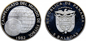 Panama Republic 5 Balboas 1982 CHI Balerna mint(Mintage 9446) Soccer World Cup 1982 Silver 24.03g KM# 77