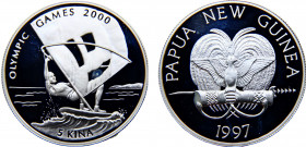 Papua New Guinea Constitutional Monarchy Elizabeth II 5 Kina 1997 2000 Summer Olympics, Sydney, Sailboarding Silver 20.07g KM# 40