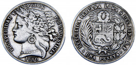 Peru Republic 1 Peseta 1880 BF Lima mint Silver 4.92g KM# 200