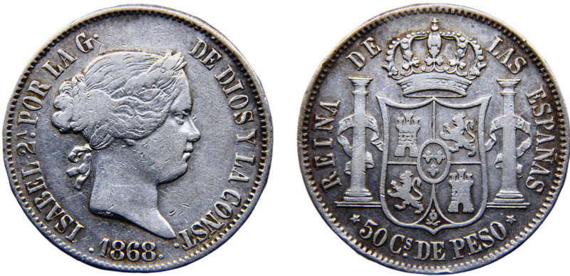 Philippines Spanish colony Isabel II 50 Céntimos de Peso 1868 Manila mint Silver...