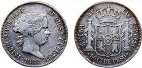 Philippines Spanish colony Isabel II 50 Céntimos de Peso 1868 Manila mint Silver 12.96g KM# 147