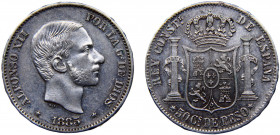 Philippines Spanish colony Alfonso XII 50 Centimos de Peso 1885 Manila mint Silver 12.9g KM# 150