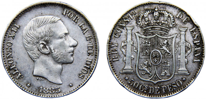 Philippines Spanish colony Alfonso XII 50 Centimos de Peso 1885 Manila mint Silv...