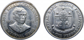 Philippines Republic 1 Peso 1961 Philadelphia mint 100th Anniversary Birth of Dr. Jose Rizal Silver 26.82g KM# 192