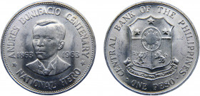Philippines Republic 1 Peso 1963 100th Birth Anniversary of Andres Bonifacio Silver 26.65g KM# 193