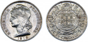 Portugal First Republic 50 Centavos 1916 Original Brightness Silver 12.41g KM# 561
