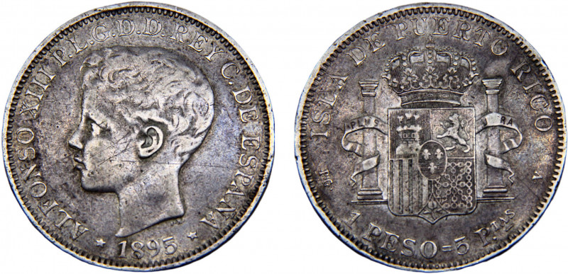 Puerto Rico Spanish colony Alfonso XIII 1 Peso 1895 PGV Madrid mint Silver 24.78...