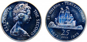 Saint Helena British colony Elizabeth II 25 Pence 1973 Royal mint(Mintage 10259) 300th Anniversary of St. Helena Silver 28.43g KM# 5a
