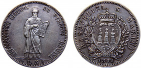 San Marino Republic 5 Lire 1898 R Rome mint(Mintage 18000) Silver 24.98g KM# 6