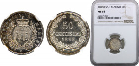 San Marino Republic 50 Centesimi 1898 R (Mintage 40000) NGC MS62 Silver 2.5g KM# 3