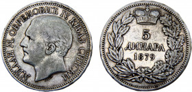 Serbia Kingdom Milan Obrenović IV 5 Dinara 1879 Silver 24.95g KM# 12