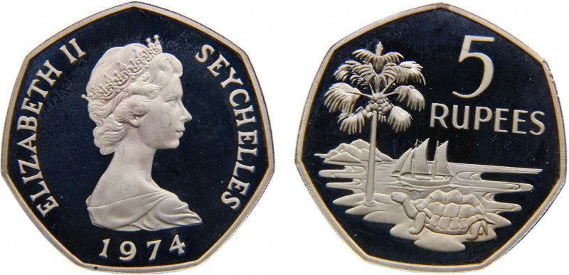 Seychelles British crown colony Elizabeth II 5 Rupees 1974 Royal mint(Mintage 50...