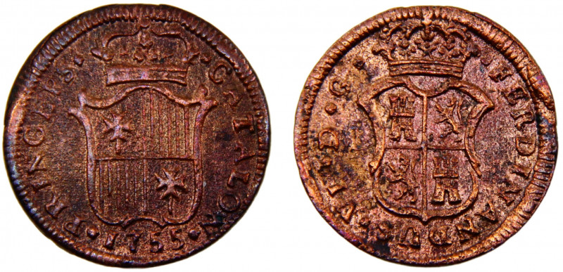 Spain Kingdom Principality of Catalonia Fernando VI Ardite 1755 Segovia mint Cop...