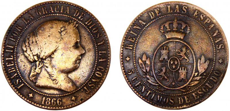 Spain Kingdom Isabel II 5 Centimos de Escudo 1866 Jubia mint Without ¨OM¨ Bronze...