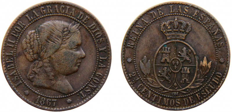 Spain Kingdom Isabel II 2½ Centimos de Escudo 1867 Barcelona mint Bronze 6.2g KM...