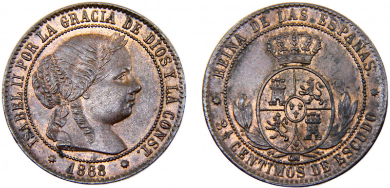 Spain Kingdom Isabel II 2½ Centimos de Escudo 1868 OM Barcelona mint Bronze 6.2g...