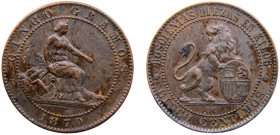 Spain Provisional Government 5 Centimos 1870 OM Bronze 4.93g KM# 662