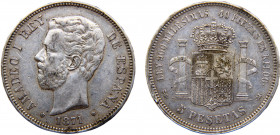 Spain Kingdom Amadeo I 5 Pesetas 1871 *18-71 SDE Madrid mint Silver 25g KM# 666