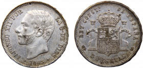 Spain Kingdom Alfonso XII 5 Pesetas 1885 *18-85 MSM Madrid mint 3rd portrait Silver 25g KM# 688