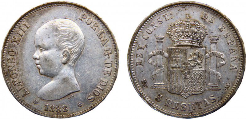 Spain Kingdom Alfonso XIII 5 Pesetas 1888 *18-88 MPM Madrid mint 1st portrait Si...