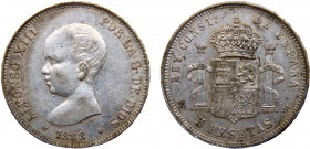 Spain Kingdom Alfonso XIII 5 Pesetas 1888 *18-88 MPM Madrid mint 1st portrait Silver 25g KM# 689