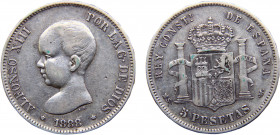 Spain Kingdom Alfonso XIII 5 Pesetas 1888 *18-88 MSM Madrid mint 1st portrait Silver 24.82g KM# 689